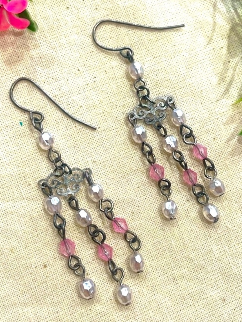 Vintage Boho Pink Clear Beaded Chandelier Drop Earrings